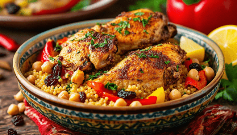 discover the vibrant flavors of morocco with our easy one-pot moroccan chicken recipe. enjoy tender spiced chicken combined with hearty chickpeas and fluffy couscous, all cooked in a single pot for a hassle-free meal that's perfect for any night of the week.