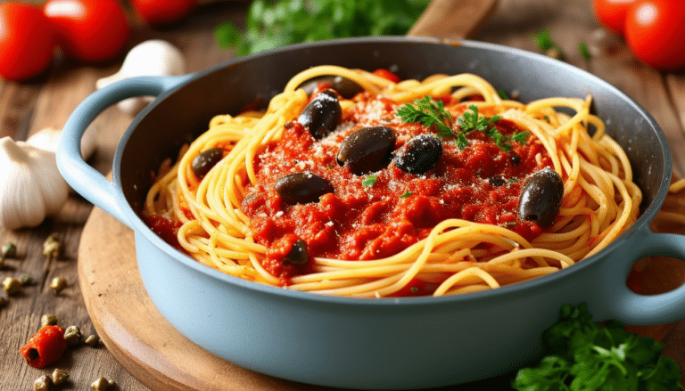 discover the tantalizing flavors of our one-pot pasta puttanesca. this easy-to-make recipe combines spicy pasta, ripe tomatoes, briny olives, and zesty capers for a delightful meal in just one pot. perfect for a quick weeknight dinner!
