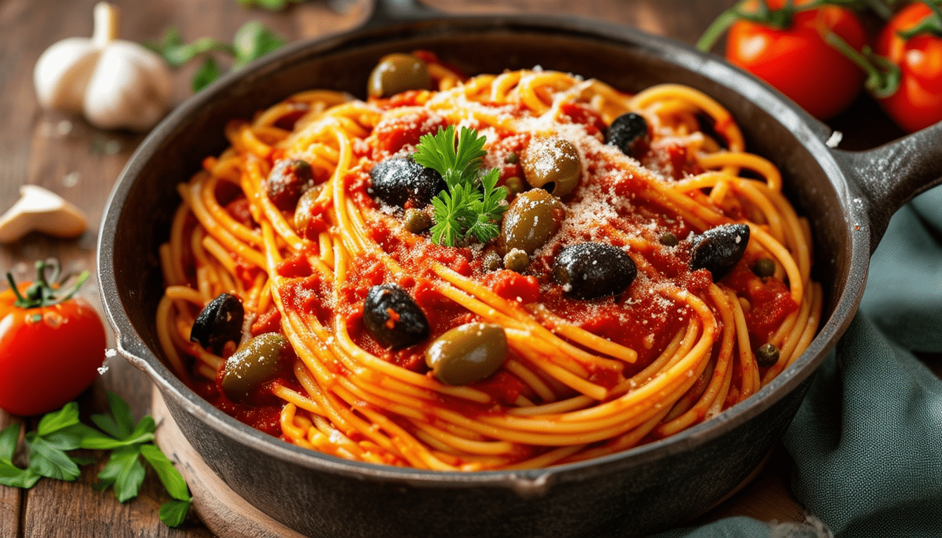 discover the easy and flavorful one-pot pasta puttanesca recipe! this spicy pasta dish features a delightful mix of ripe tomatoes, briny olives, and zesty capers, all cooked together in one pot for a quick and satisfying meal. perfect for weeknight dinners!