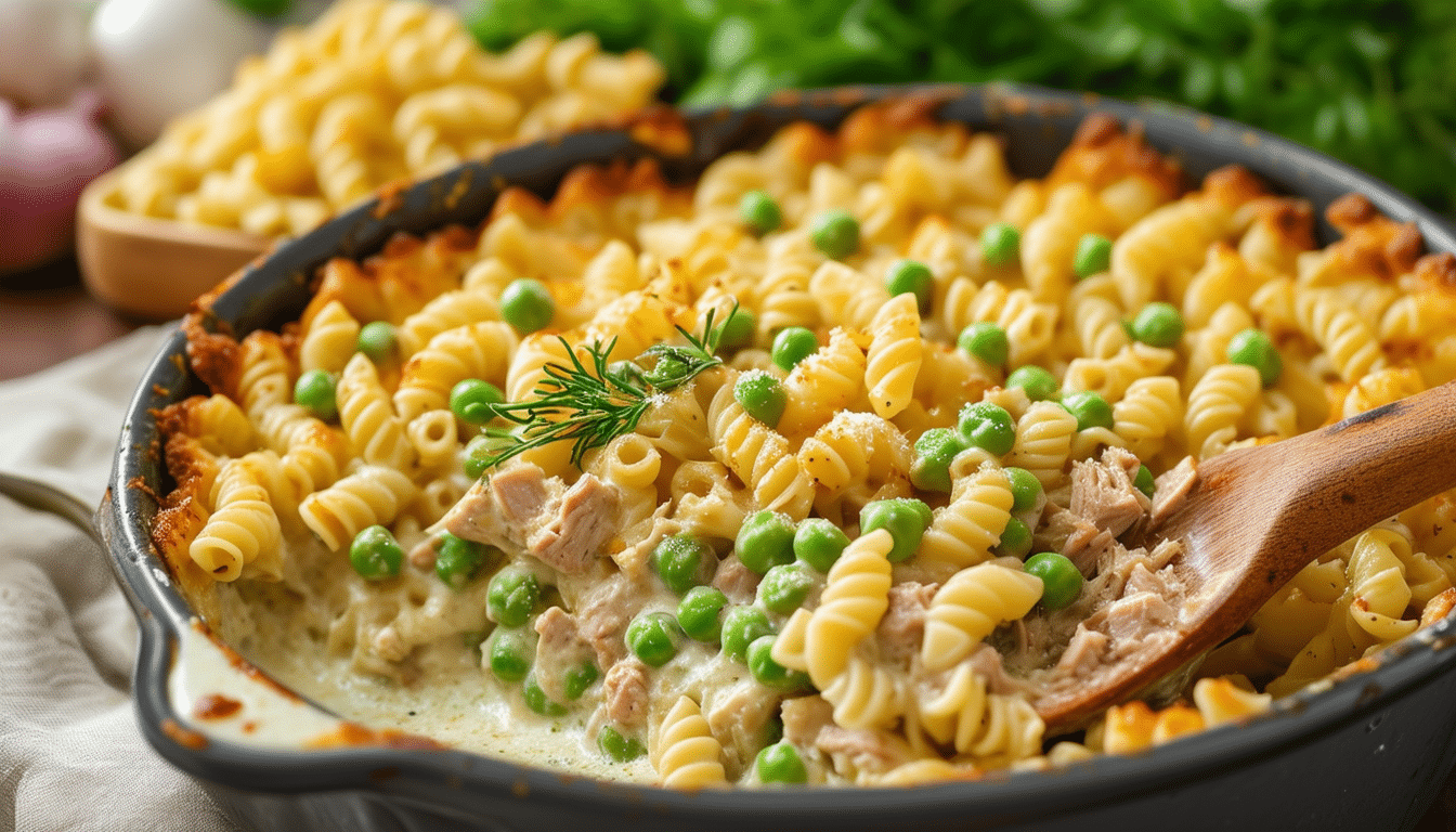discover a quick and easy recipe for simple tuna casserole. this creamy delight combines noodles and peas, perfect for a comforting meal that your whole family will love!