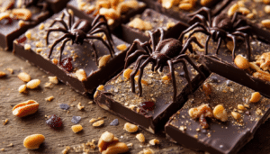 indulge in a spooky treat with our spider infested chocolate bark recipe! this easy-to-make dessert features delicious chocolate bark adorned with fun spider decorations, perfect for halloween parties or a creepy cuddle on movie night. get ready to impress your guests with this delightful and eerie snack!