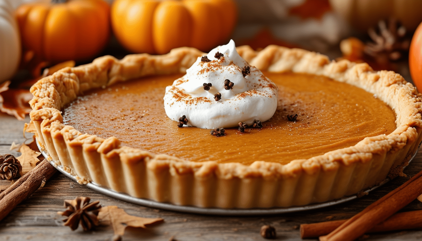 indulge in the flavors of fall with our spiced pumpkin pie, a thanksgiving classic infused with a delightful twist of ginger and clove. perfect for your holiday table!
