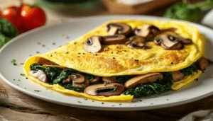 enjoy a delicious spinach and mushroom omelette made with sautéed mushrooms and fresh spinach, combined with fluffy eggs for a nutritious and satisfying meal. perfect for breakfast or brunch!