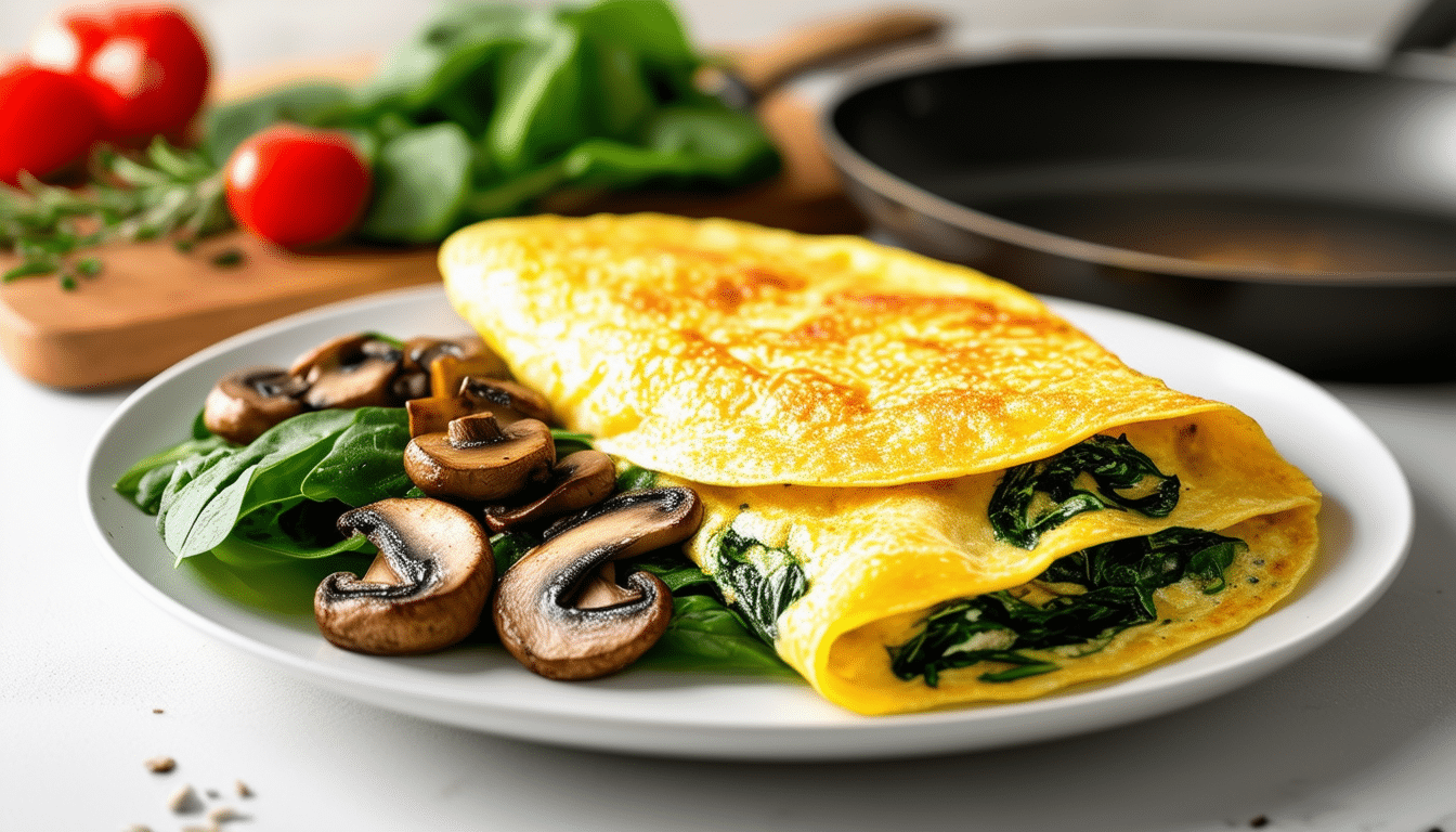 make a delicious spinach and mushroom omelette by sautéing fresh mushrooms and spinach before adding fluffy eggs. perfect for a nutritious breakfast or brunch packed with flavor!