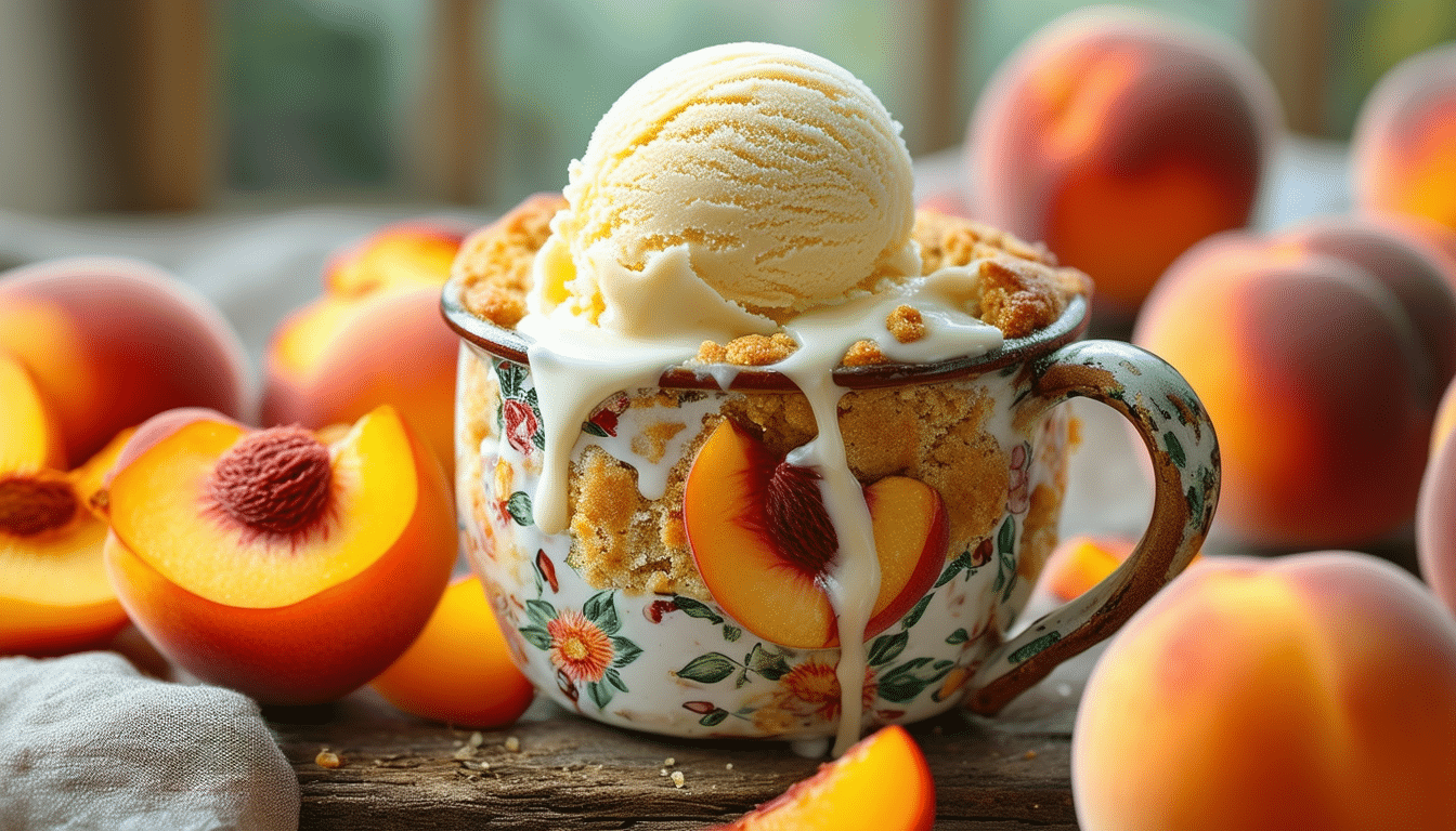 indulge in a delightful summer peach cobbler mug cake that's perfect for satisfying your sweet tooth in minutes. this quick and easy recipe combines juicy peaches and a buttery crumb topping, all made in the convenience of a mug. enjoy a slice of summer anytime!