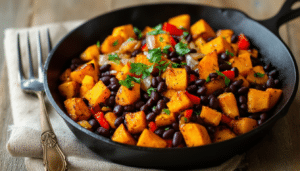 start your day right with this delicious sweet potato and black bean breakfast hash. sautéed diced sweet potatoes combined with hearty black beans, onions, and colorful bell peppers create a savory and nutritious breakfast that's both satisfying and easy to make.