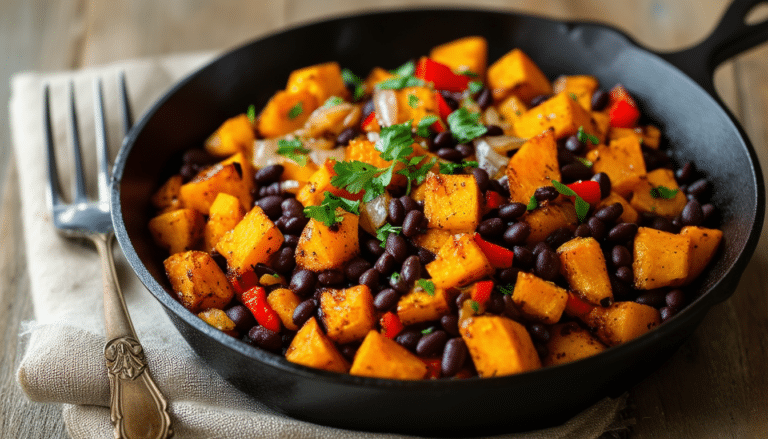 start your day right with this delicious sweet potato and black bean breakfast hash. sautéed diced sweet potatoes combined with hearty black beans, onions, and colorful bell peppers create a savory and nutritious breakfast that's both satisfying and easy to make.