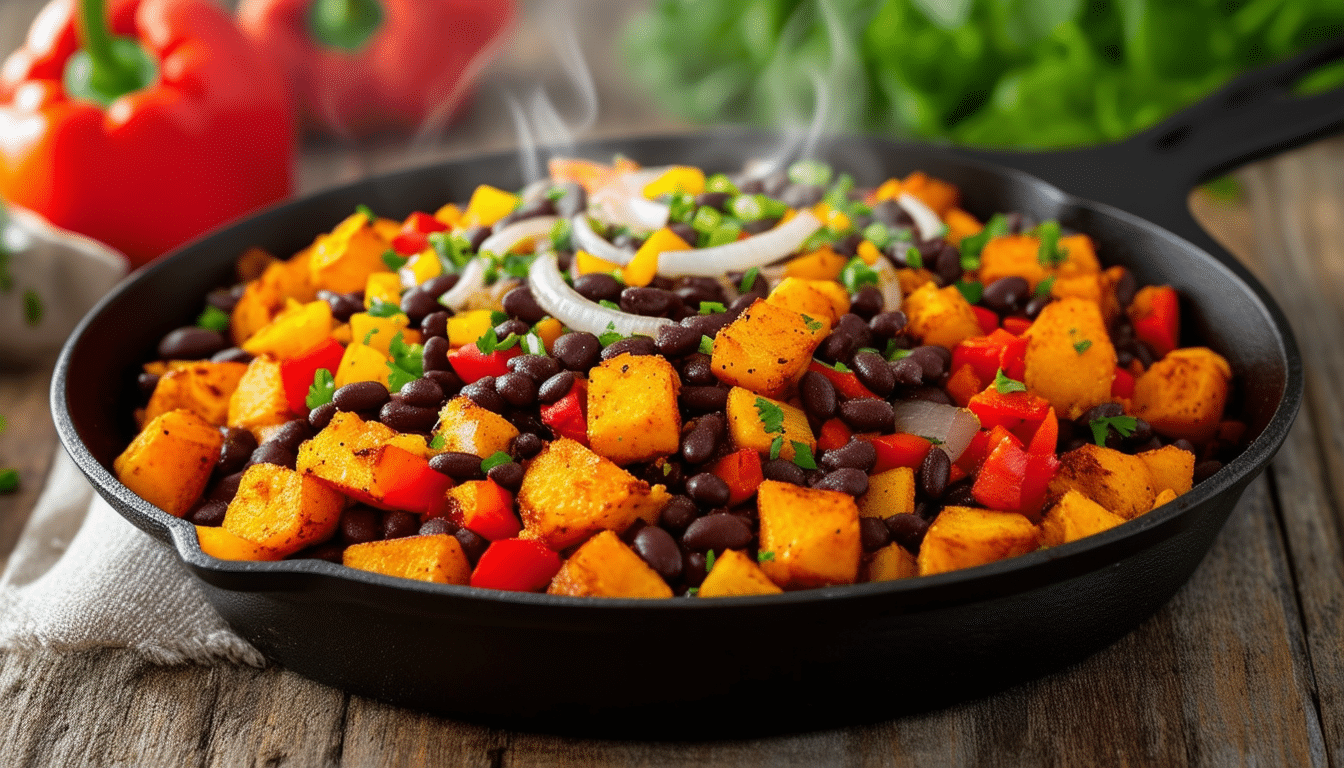 start your day right with this delicious sweet potato and black bean breakfast hash. sautéed diced sweet potatoes combined with nutritious black beans, flavorful onions, and vibrant bell peppers create a savory and hearty breakfast option that's both satisfying and healthy.