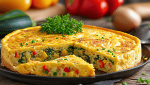 enjoy a delightful vegetable frittata made by mixing fresh eggs with diced vegetables and cheese, baked to perfection until fluffy and golden. a nutritious and delicious meal perfect for any time of day!