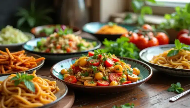 Variety of delicious pasta dishes on the table.