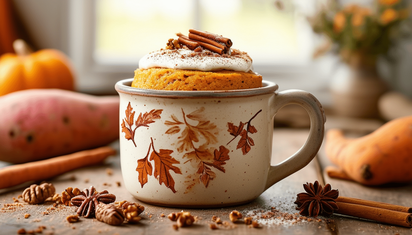 indulge in a comforting wholesome sweet potato mug cake, perfectly spiced and ready in minutes. this delightful treat combines the natural sweetness of sweet potatoes with the warmth of cinnamon, making it a nutritious and quick dessert option. enjoy a guilt-free moment of sweetness that satisfies your cravings!