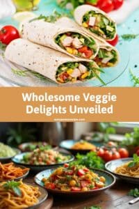 Healthy vegetarian wraps and colorful veggie dishes served in bowls on a dining table.