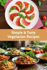 A variety of colorful vegetarian dishes including tomato mozzarella salad and pasta on a wooden table.