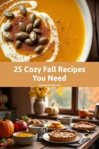 A bowl of pumpkin soup garnished with seeds is shown above a cozy table setting with seasonal fall foods and decorations.