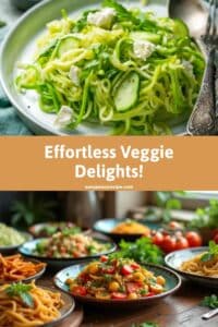 A collection of vibrant vegetarian dishes, including a zucchini noodle salad and colorful pasta bowls, showcasing healthy and simple recipes.