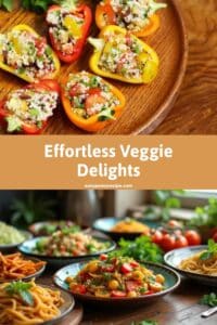 Colorful stuffed bell peppers and various vegetarian pasta dishes displayed on a wooden table.