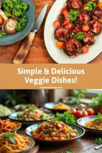 A variety of vibrant vegetarian dishes including stuffed mushrooms, pasta, and fresh vegetable salads.