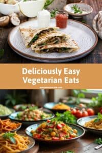 A variety of colorful and delicious vegetarian dishes, including quesadillas and salads, arranged on a table.