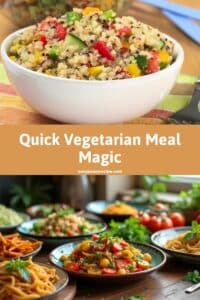 A colorful bowl of quinoa salad and an array of vibrant vegetarian dishes on a table.