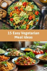 Colorful vegetarian dishes including salads and pasta showcased on a wooden table, emphasizing a healthy dining experience.