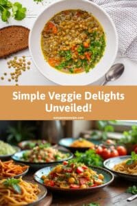 A colorful assortment of vegetarian dishes including lentil soup and various pasta salads displayed on a wooden table.