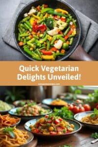 A variety of colorful and tasty vegetarian dishes including a vegetable stir-fry and pasta salads.