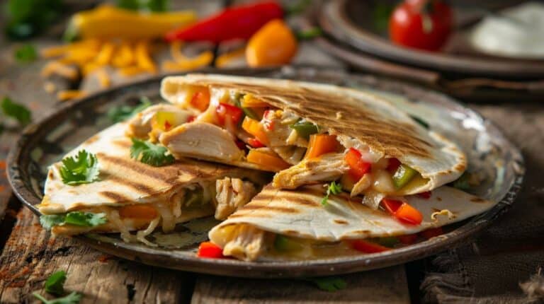 Easy recipe for chicken quesadilla with cheese, chicken, and bell peppers