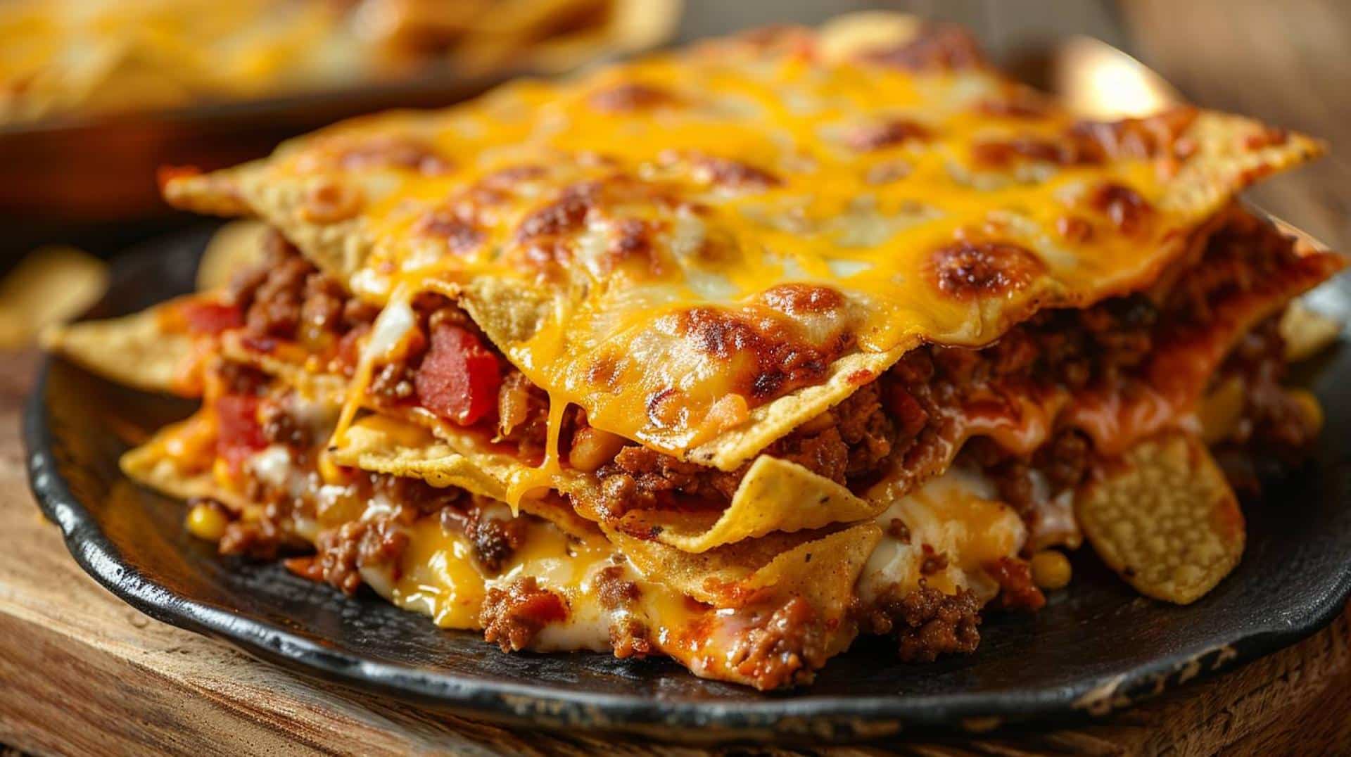 Easy recipe for taco casserole with layered ground beef, cheese, and tortilla chips