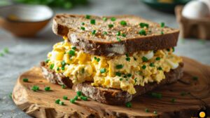 Easy Recipe egg salad sandwich with mayo, mustard, and chives