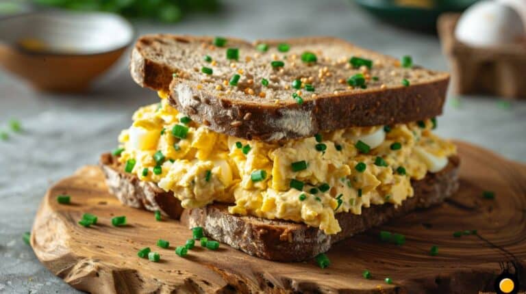 Easy Recipe egg salad sandwich with mayo, mustard, and chives