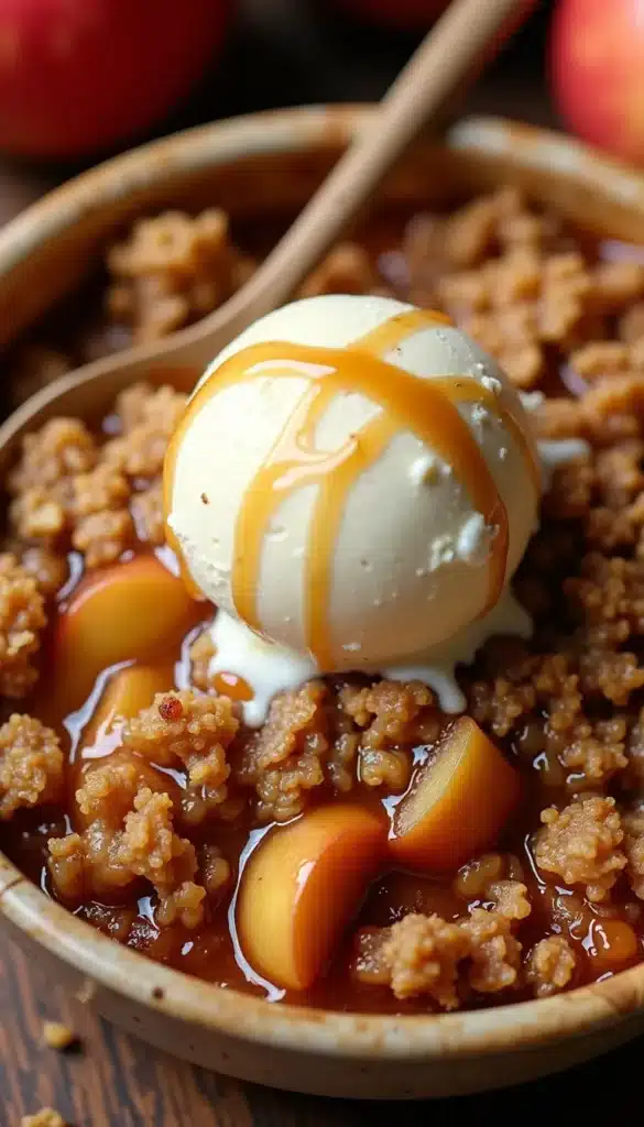 Apple crumble with ice cream and caramel sauce