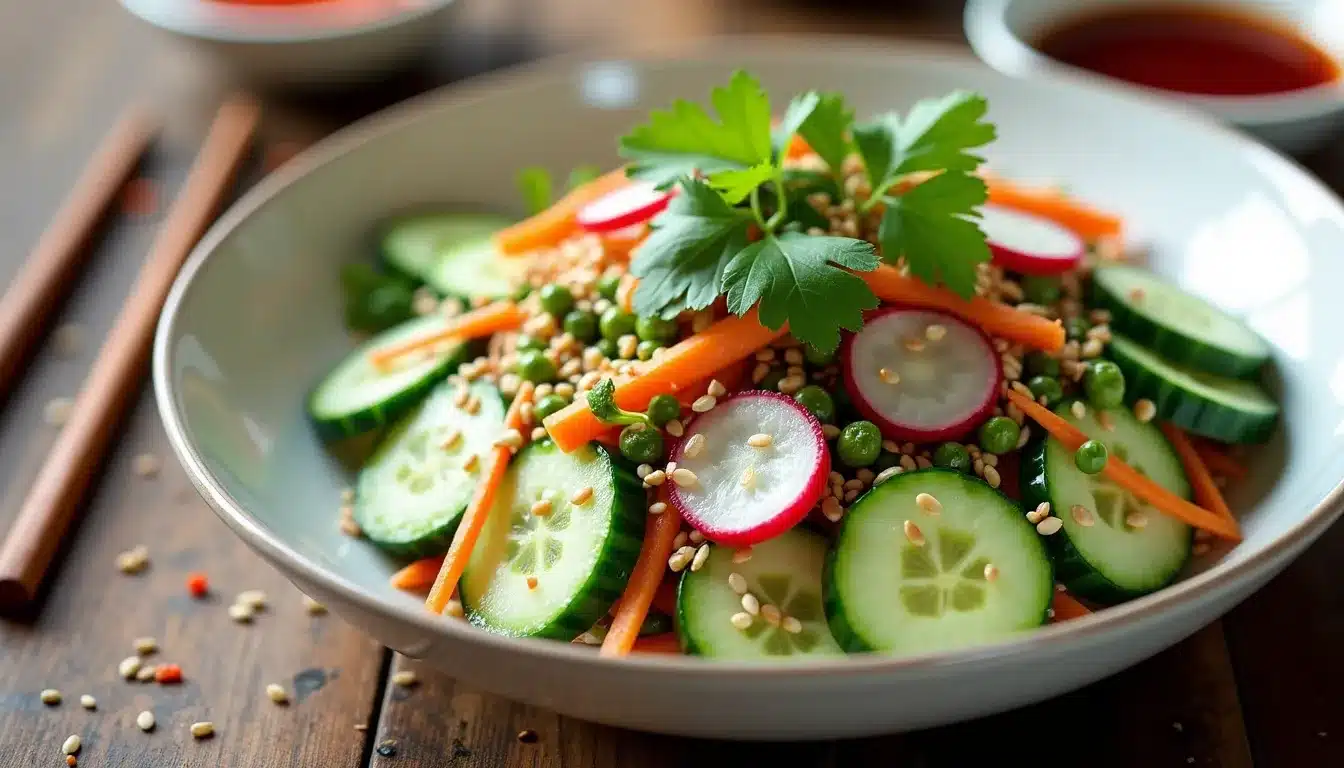 Fresh vegetable salad with sesame seeds and herbs