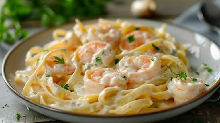Easy recipe for shrimp alfredo in creamy sauce over fettuccine