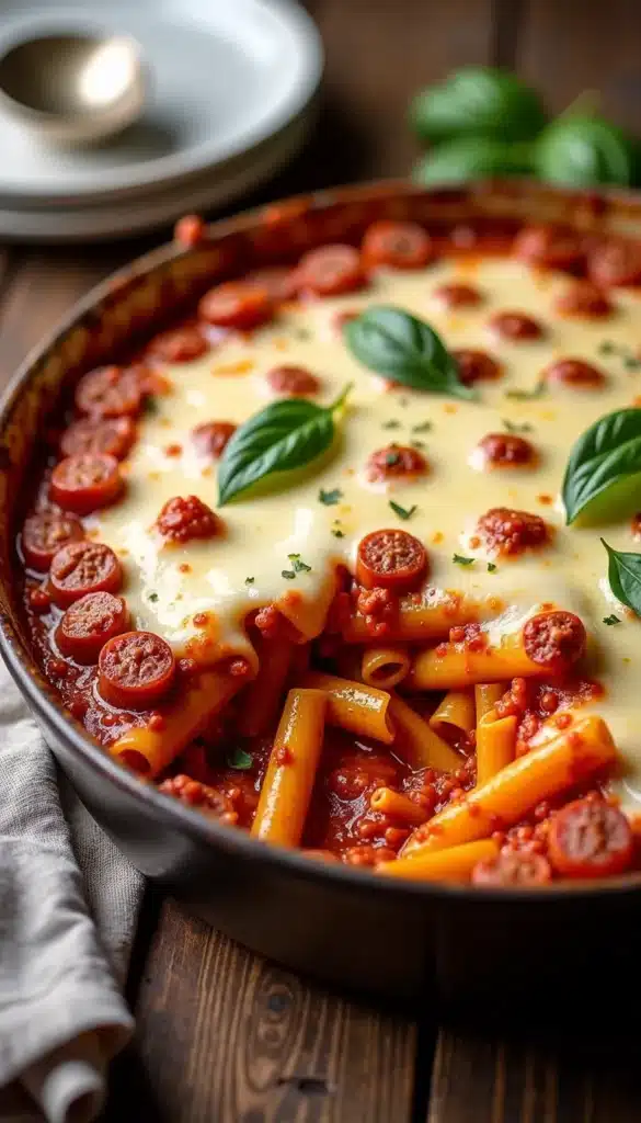Cheesy baked pasta with pepperoni and basil
