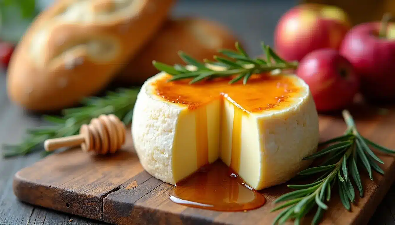 Cheese with honey, bread, apples, and rosemary.