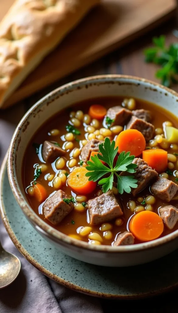 Hearty beef soup with vegetables and beans.