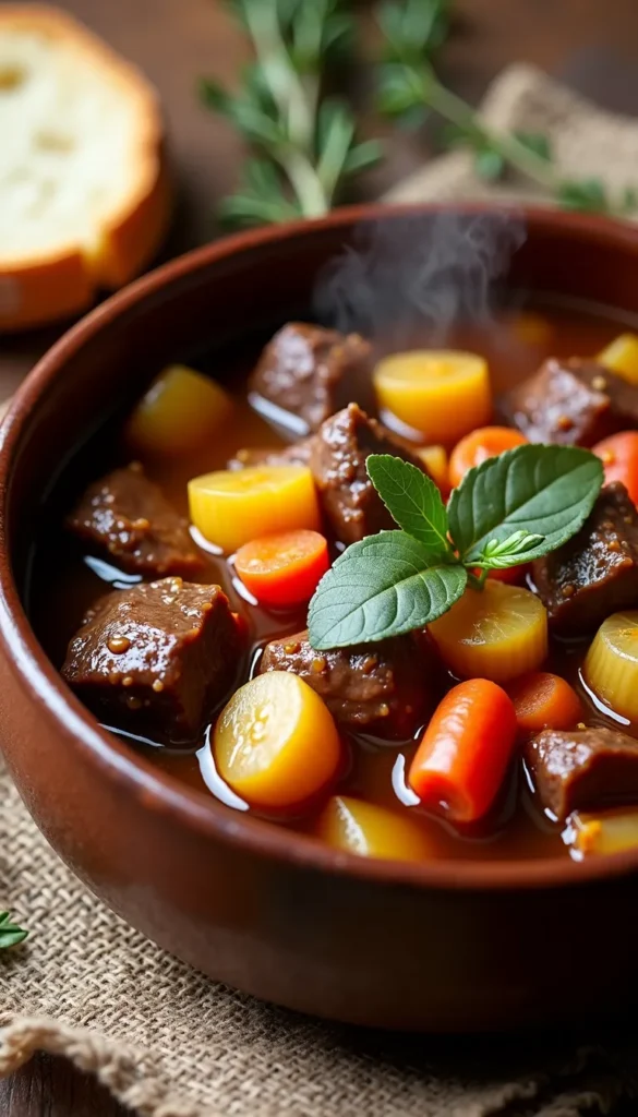 Hearty beef stew with vegetables in a bowl.