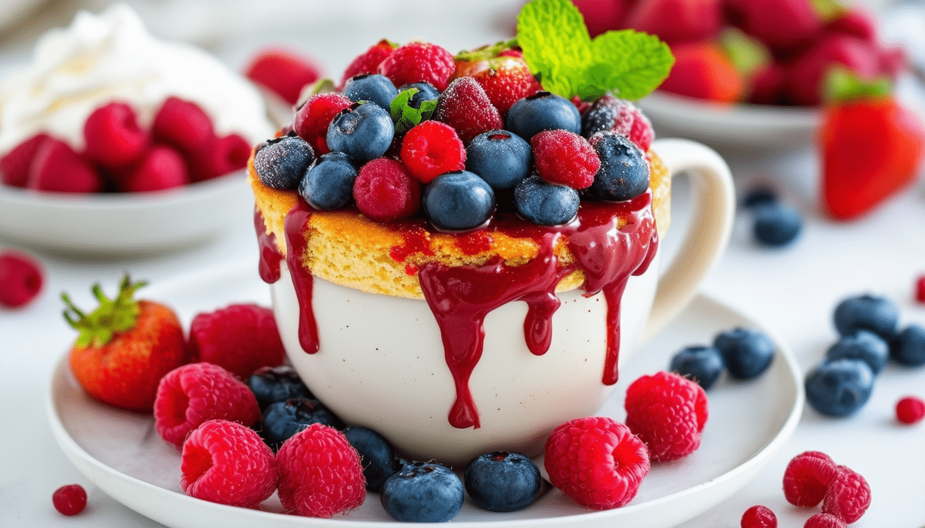 indulge in the delightful flavors of summer with our berry bliss summer mug cake. this quick and easy dessert is packed with fresh berries and topped with a hint of sweetness, making it the perfect treat for warm days. enjoy a moist, scrumptious cake in just minutes, ideal for a solo snack or a delightful dessert to share!