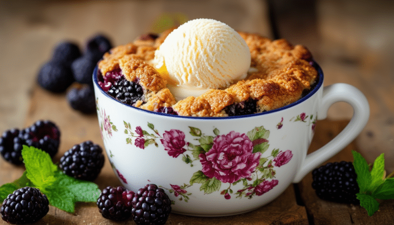 enjoy a delightful blackberry cobbler mug cake, a quick and easy dessert that combines the rich flavors of sweet blackberries with a fluffy, warm cake. perfect for satisfying your dessert cravings in just minutes!
