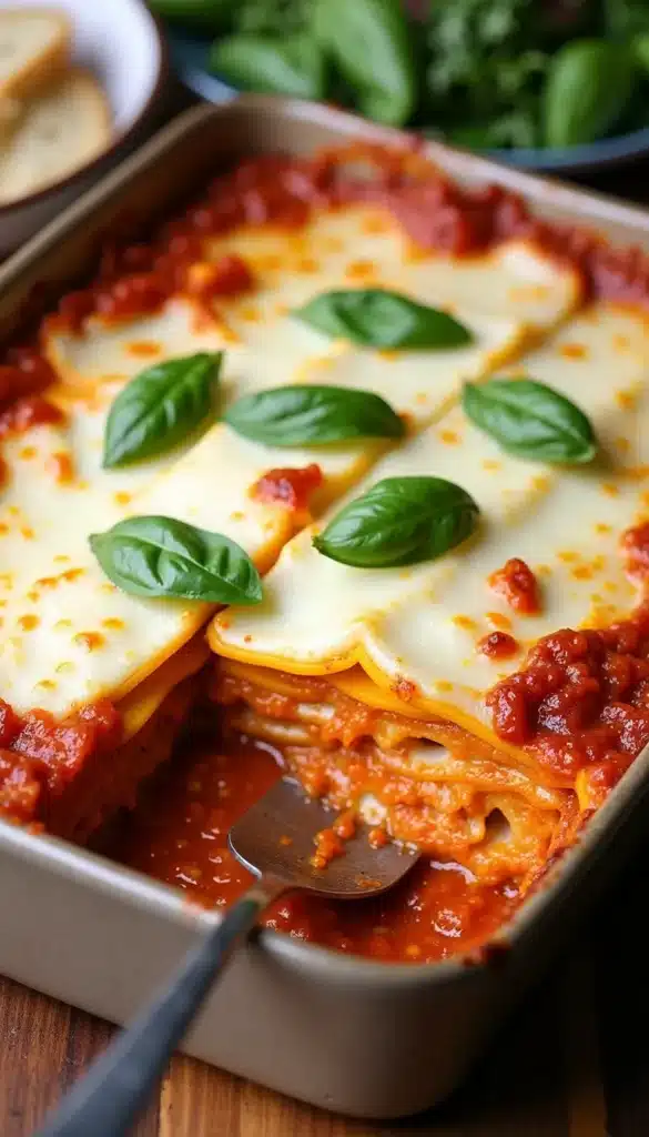 Cheesy lasagna with basil leaves in a baking dish