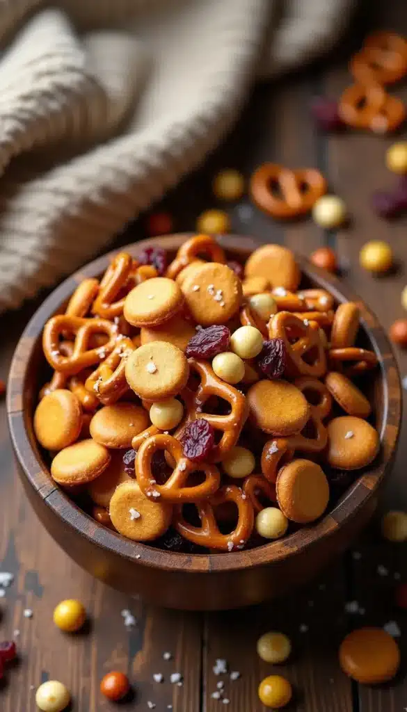 Snack mix with pretzels and candies in bowl
