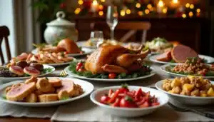 Festive holiday dinner spread with turkey and sides.