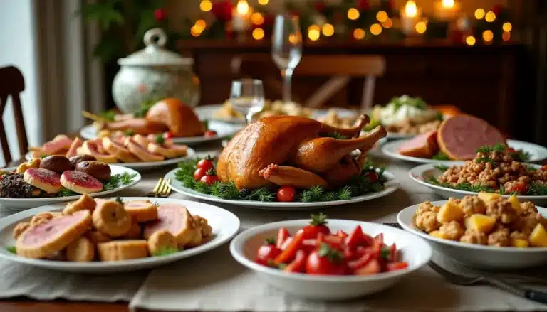 Festive holiday dinner spread with turkey and sides.