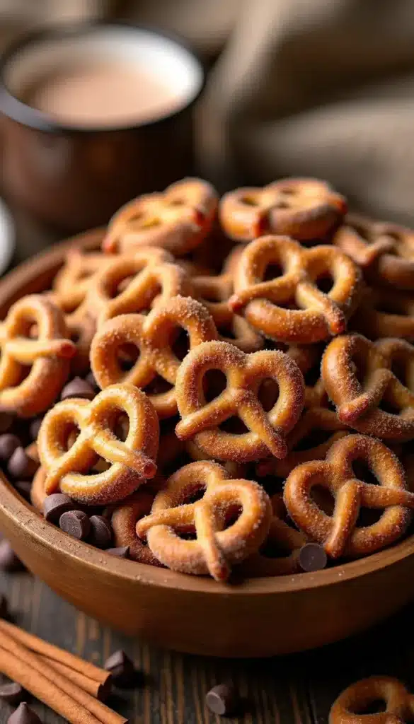 Bowl of sugar-dusted pretzels and chocolate chips