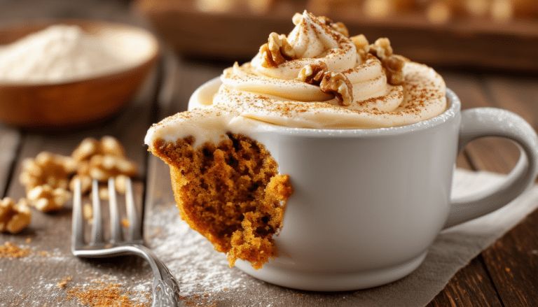 indulge in a delightful experience with our comforting carrot cake mug cake. perfect for a quick treat, this deliciously moist and spiced carrot cake is ready in minutes. enjoy the warm flavors of cinnamon, nutmeg, and freshly grated carrots, topped with a creamy frosting for a comforting dessert that's easy to whip up anytime!