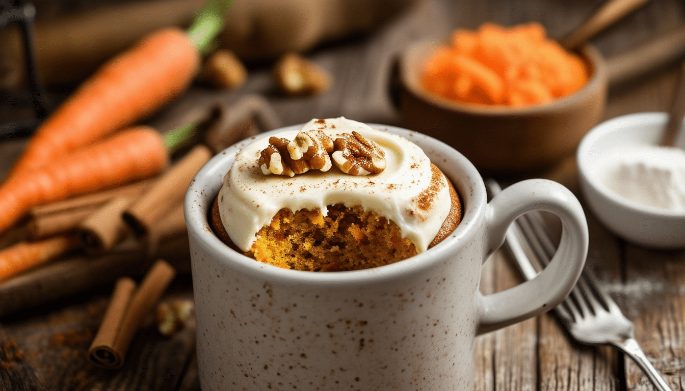 indulge in the warmth of homemade comfort with our comforting carrot cake mug cake. this quick and easy recipe combines the rich flavors of spiced carrots, walnuts, and a cream cheese swirl, all perfectly portioned in a single mug. enjoy a delightful treat that's ready in minutes, perfect for any time of day!