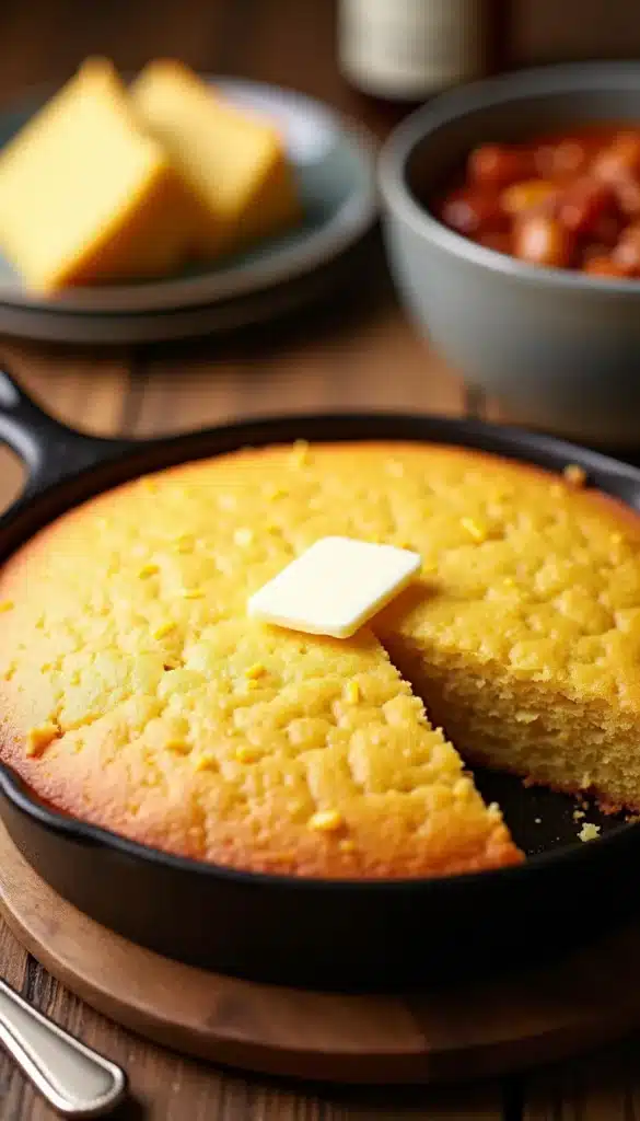 Skillet cornbread with butter slice.