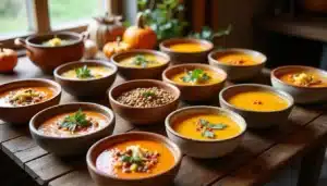 Assorted bowls of pumpkin soup on table