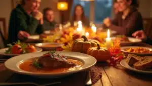 Thanksgiving dinner with family around table