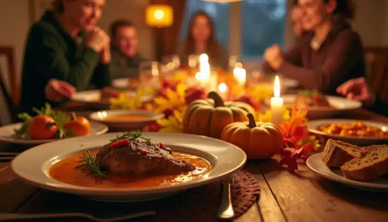 Thanksgiving dinner with family around table